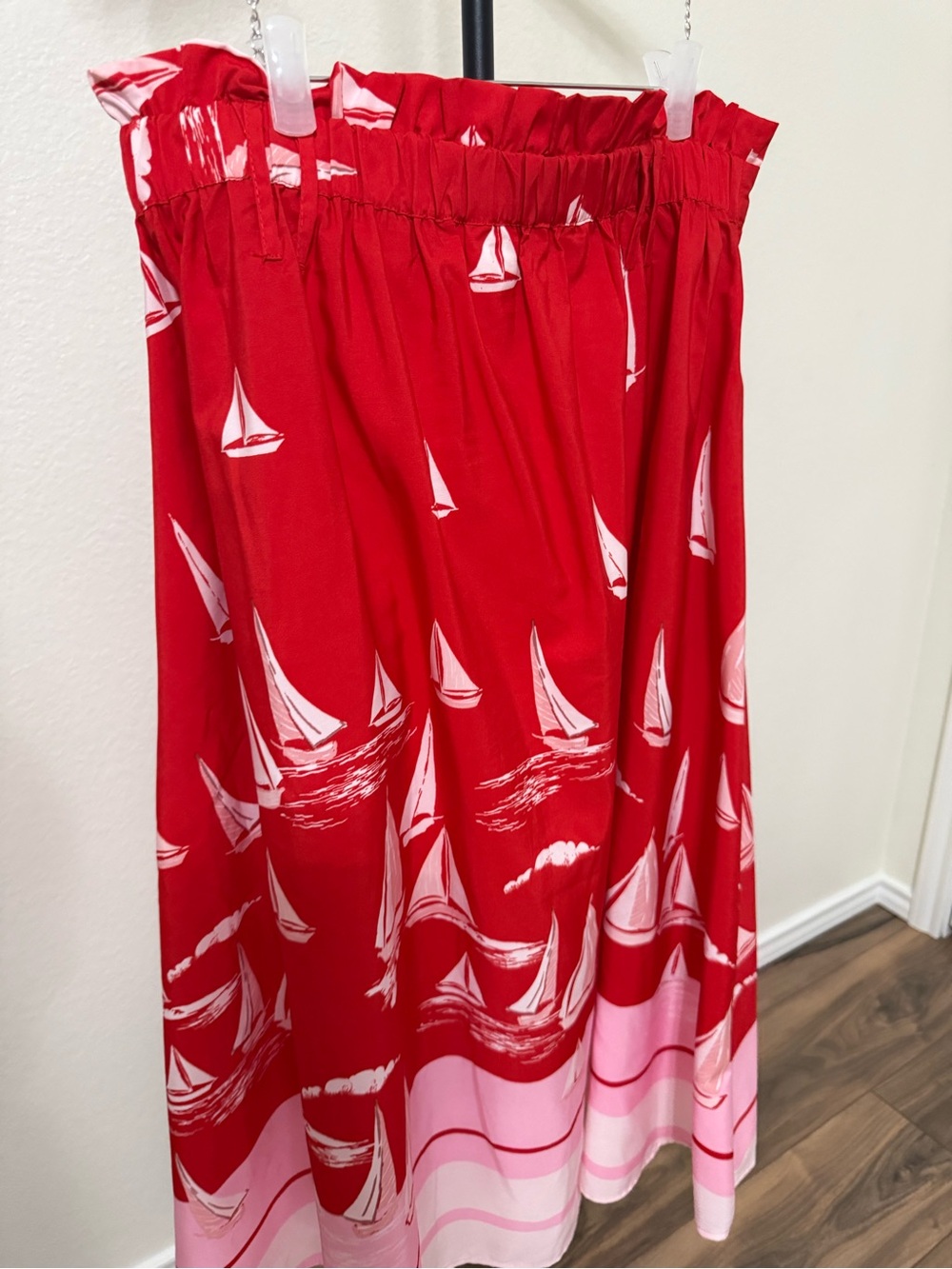 Red Sailboat Print Midi Skirt with Matching Belt